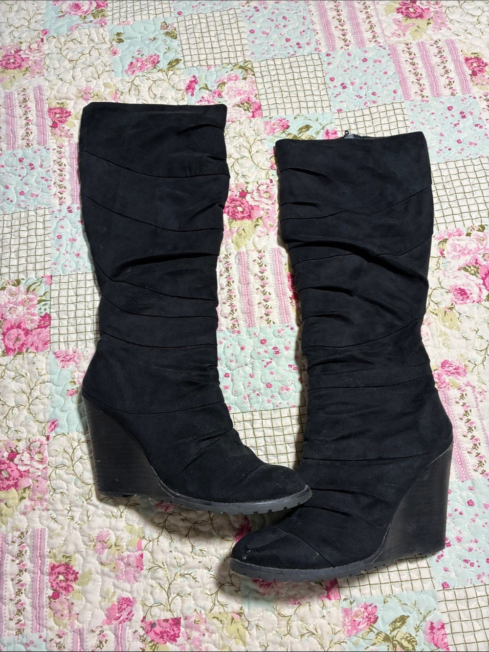 Carlos by Carlos Santana Black Ruched Wedge Mid-Calf Boots